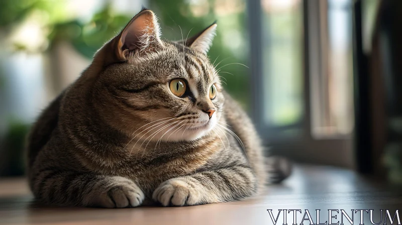 Domestic Tabby Cat Lounging Near a Window AI Image