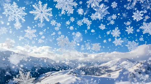 Snow-Capped Mountains Under Falling Snowflakes