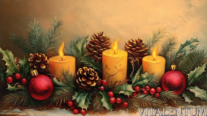 Holiday Candle Arrangement with Pinecones and Ornaments AI Image