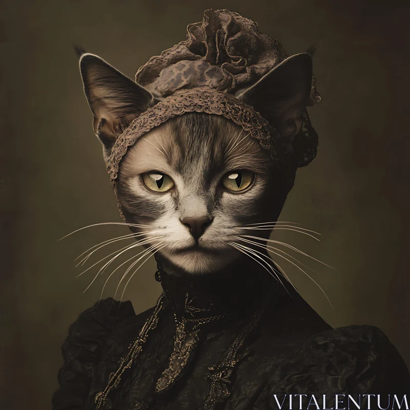 Regal Cat in Vintage Dress and Lace Hat AI Image