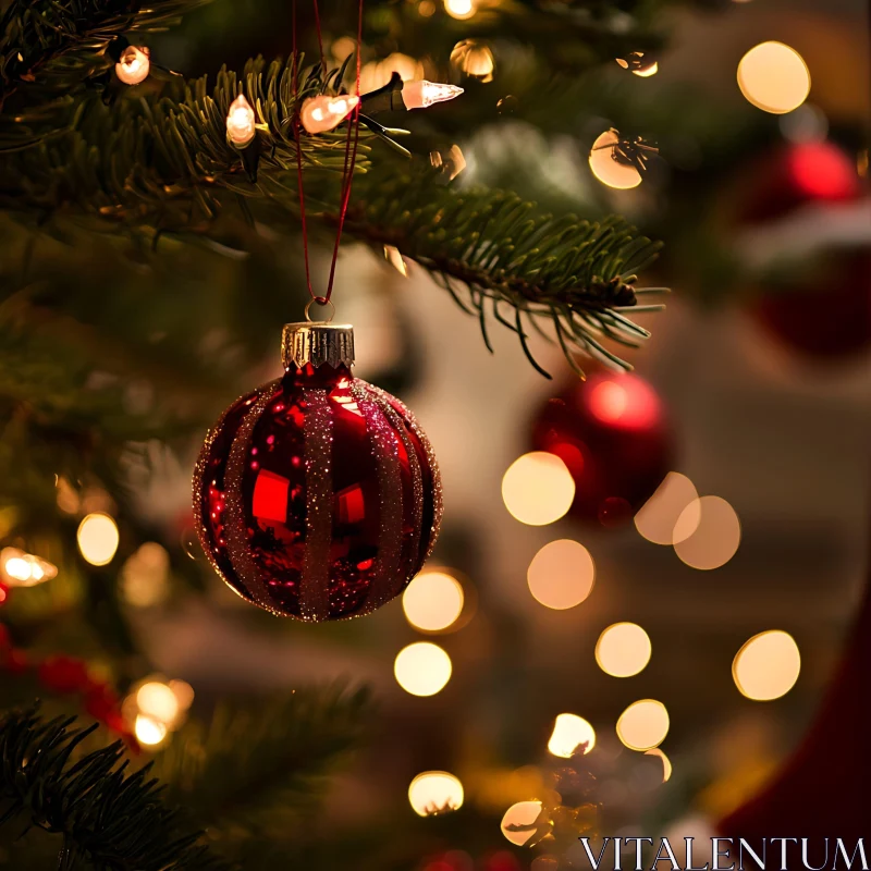 Red Christmas Ornament Hanging from Tree Branch AI Image