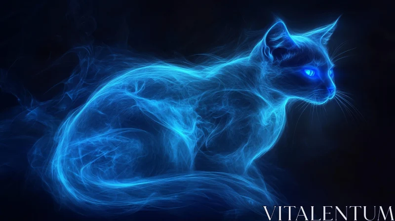 Ethereal Blue Neon Cat AI Image