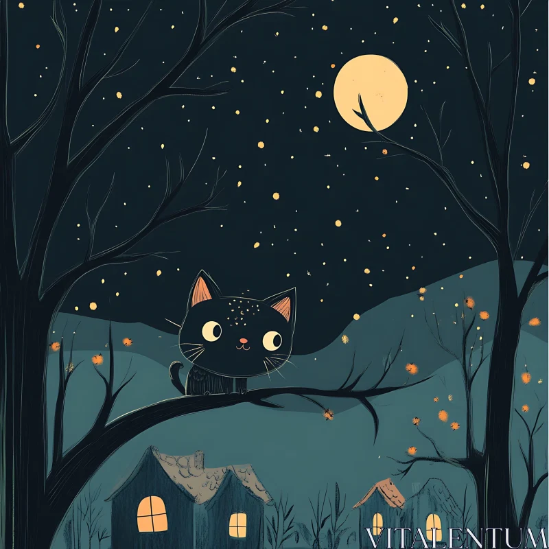 Adorable Cat on Tree Branch at Night AI Image