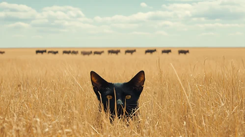 Camouflaged Black Cat in a Field