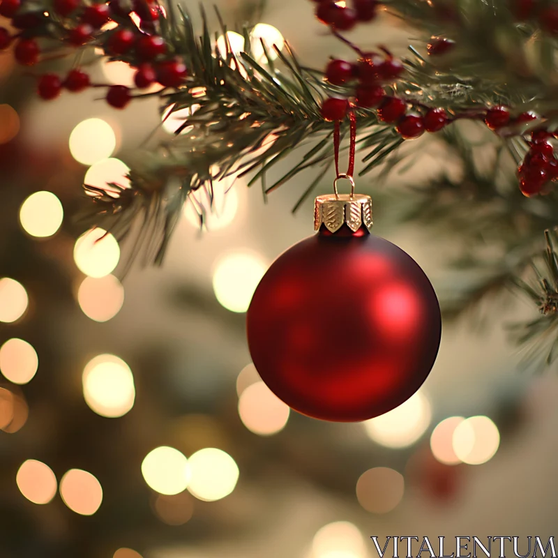 Festive Red Bauble on Christmas Tree AI Image