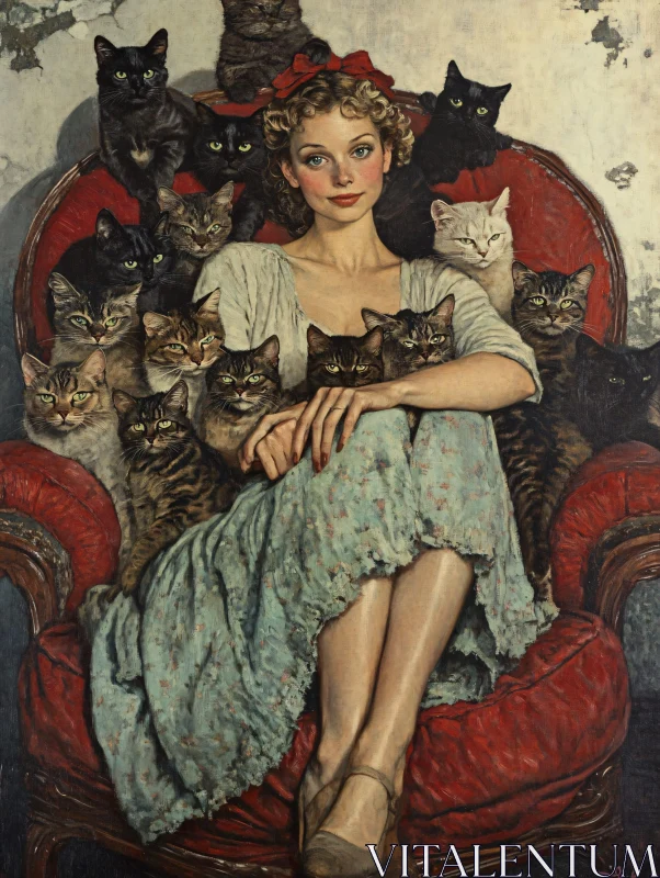 AI ART Serene Lady Surrounded by Cats