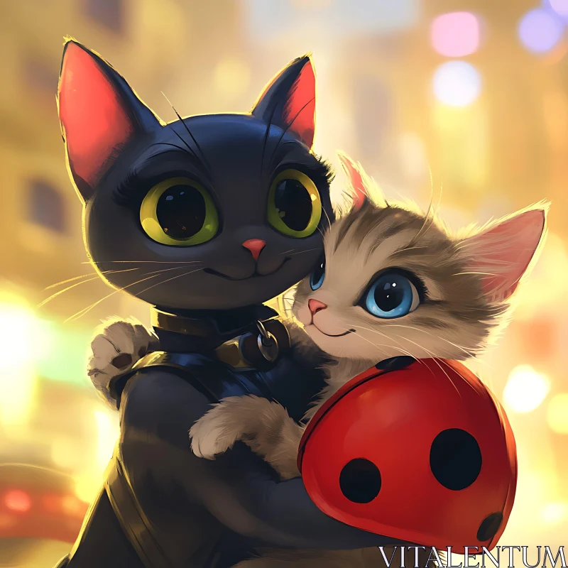 Cute Animated Cats Hugging with Ladybug Costume AI Image