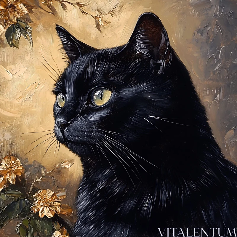 Artistic Black Cat with Yellow Floral Background AI Image