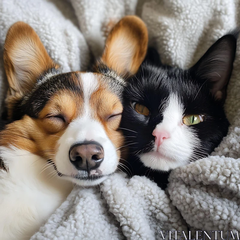 Heartwarming Dog and Cat Cuddling AI Image