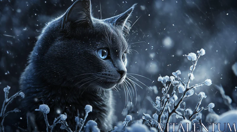 Blue-Eyed Cat in Winter Snow AI Image