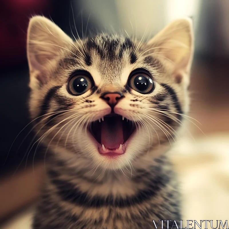 Cute Grey Striped Kitten Smiling Close-Up AI Image