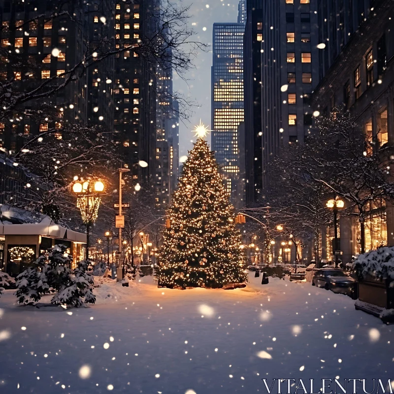 Enchanting Christmas Tree Amidst Urban Winter Wonderland AI Image