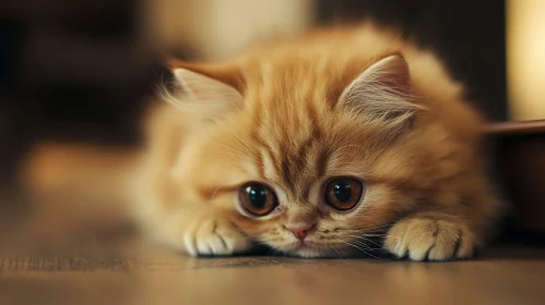 Cute Kitten with Large Eyes Lying on Floor