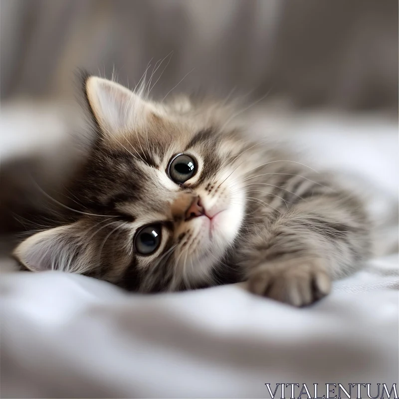 Cute Kitten on White Blanket AI Image