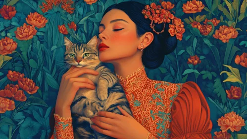 Graceful Lady Holding Cat in Floral Setting