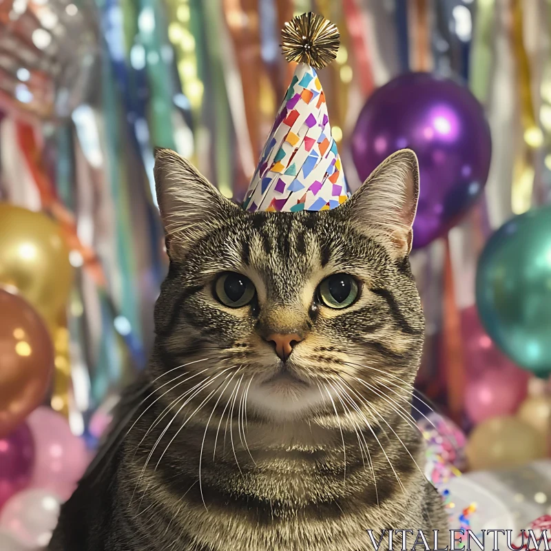 Party Cat with Colorful Hat and Balloons AI Image