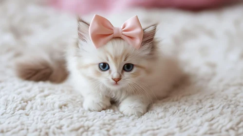 Fluffy Kitten with Blue Eyes on Ivory Carpet