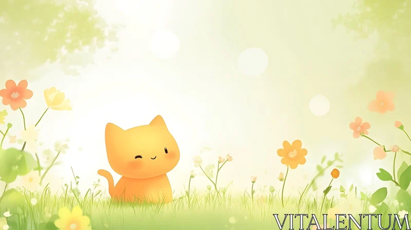 Whimsical Cat in Sunlit Flower Field Art AI Image