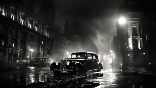 Captivating Black and White Photograph of a Vintage Car in a Rainy City