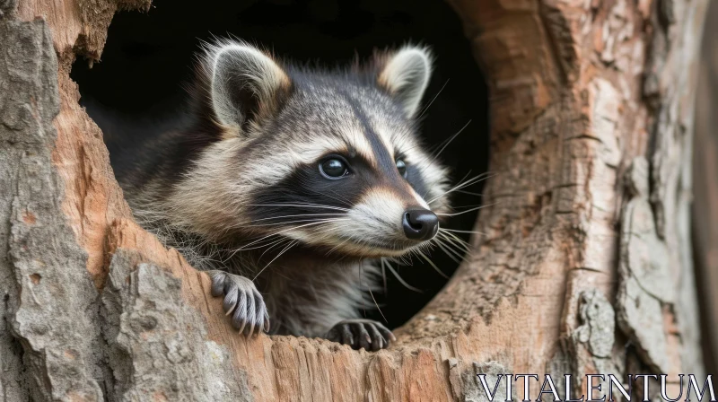 Captivating Portrait of a Raccoon Peeking from a Tree Hole AI Image