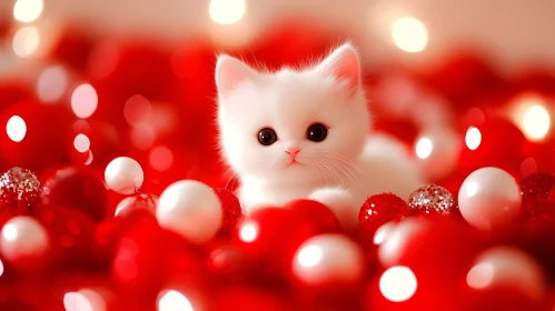 Cute White Kitten with Festive Decorations