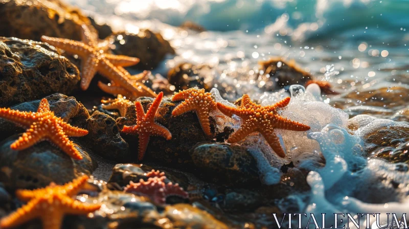 Close-up of Orange Starfish on Rocky Beach | Vibrant Colors and Textures AI Image