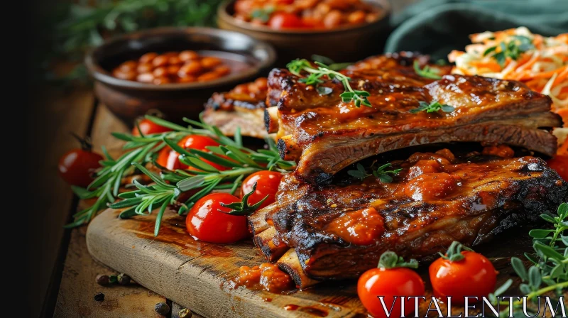 Delicious Grilled Pork Ribs with Barbecue Sauce and Sides AI Image