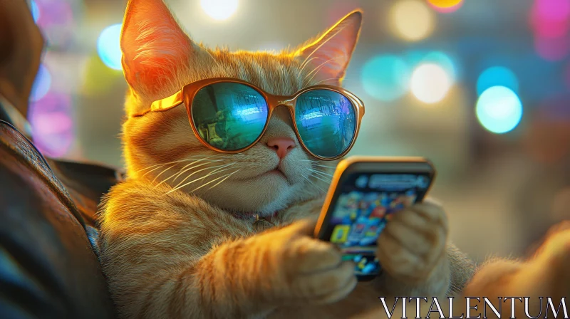 Stylish Cat with Sunglasses and Phone AI Image