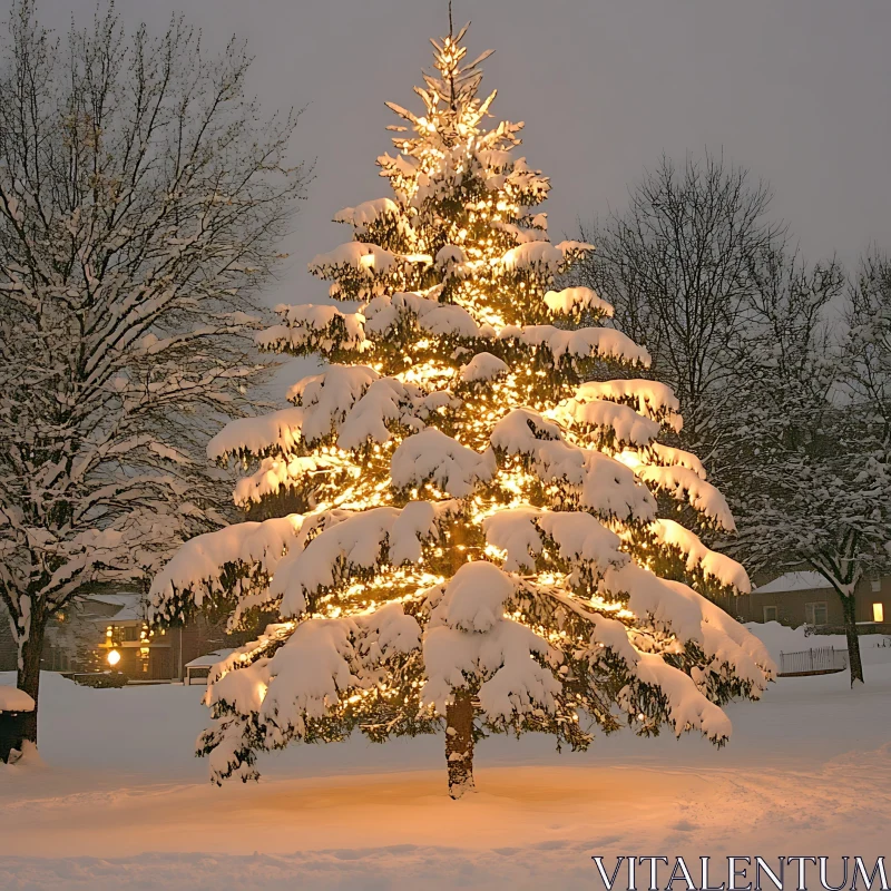 Snow-Covered Christmas Tree with Holiday Lights AI Image