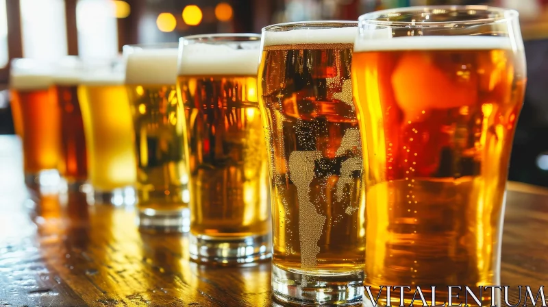 Five Glasses of Beer on a Wooden Bar Counter AI Image