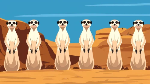 Five Meerkats in Desert - Wildlife Scene