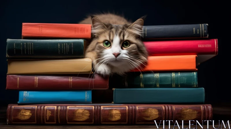 AI ART Fluffy Cat on Books - Enchanting Image