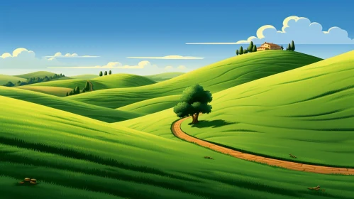 Green Hill Landscape with Grassy Path and Barn | Speedpainting Style