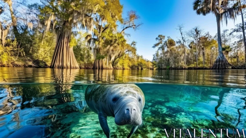 Manatee Swimming in a River - Captivating Nature Image AI Image