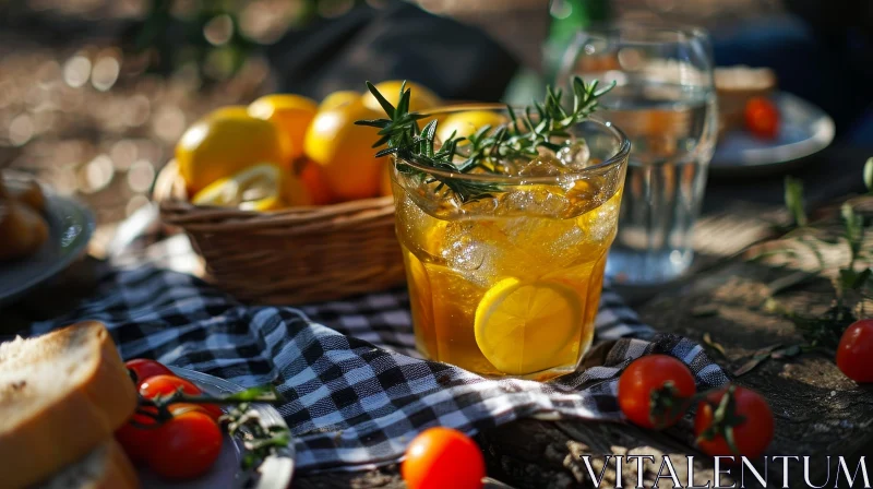 Refreshing Iced Tea with Lemon and Rosemary on Wooden Table AI Image