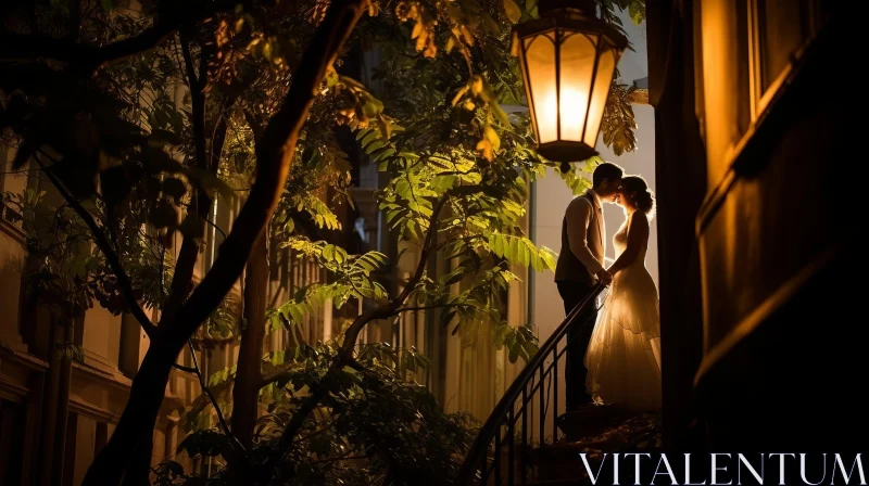 Romantic Night Scene of Kissing Couple Under Lamp Post AI Image