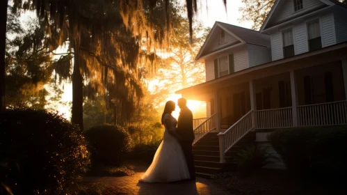 Romantic Wedding Scene at Sunset with Bride and Groom