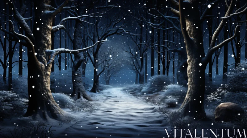 Snowy Path through the Enchanted Forest: A Nocturnal Fairy Tale Scene AI Image