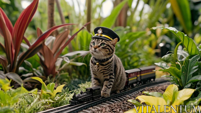 Whimsical Cat in Jungle with Mini Train AI Image