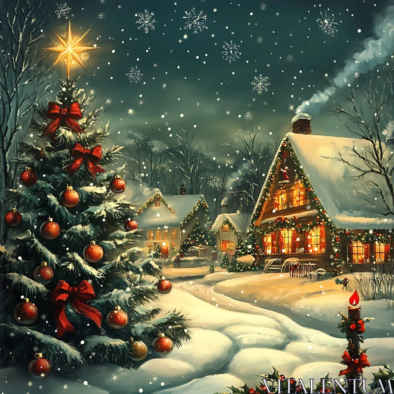 Magical Christmas Scene with Lights and Snow AI Image