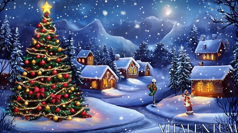 Winter Wonderland: Christmas Village and Decorated Tree AI Image