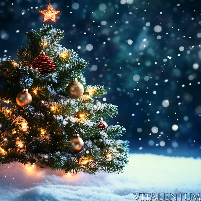 Enchanting Christmas Tree in Snowy Setting AI Image