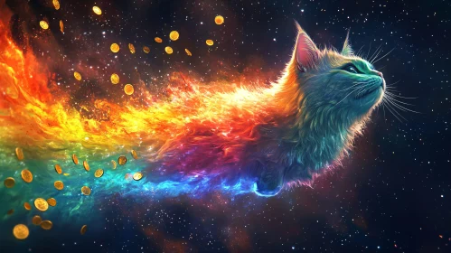 Celestial Cat on Cosmic Voyage with Golden Coins