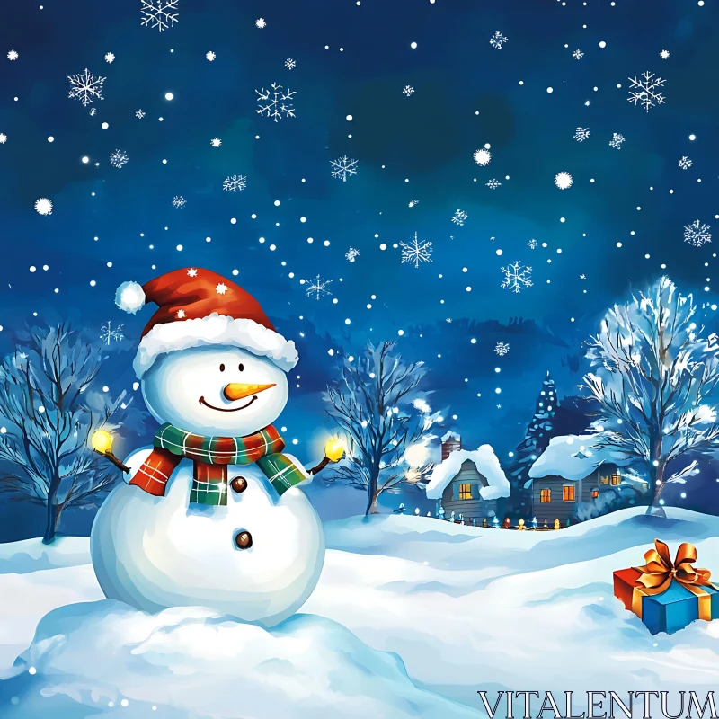 Festive Snowman with Lights in a Winter Scene AI Image