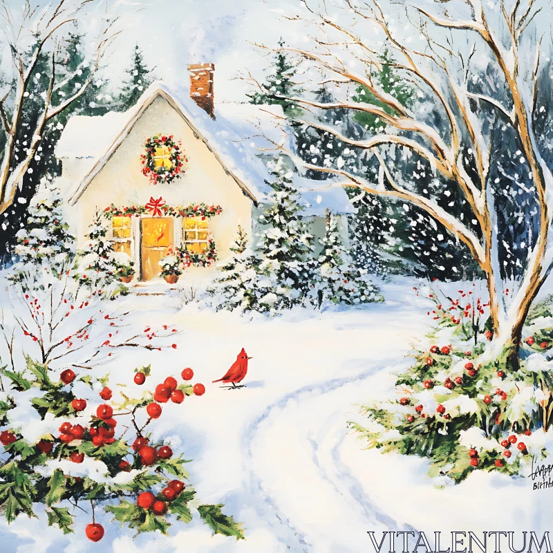 Tranquil Snowy Cabin Scene with Festive Cardinal AI Image