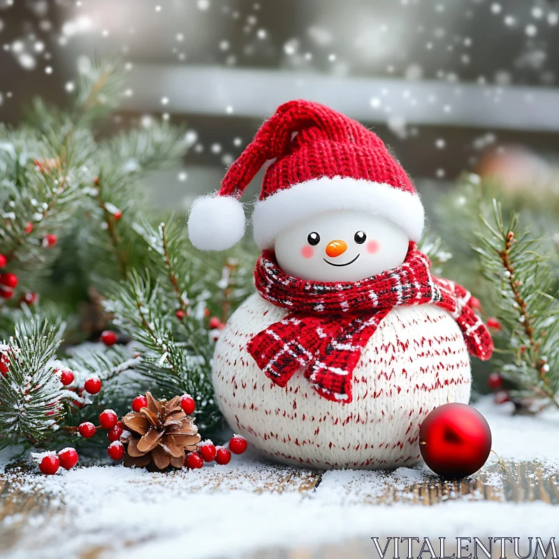 Festive Snowman with Red Hat and Scarf in Snowy Setting AI Image