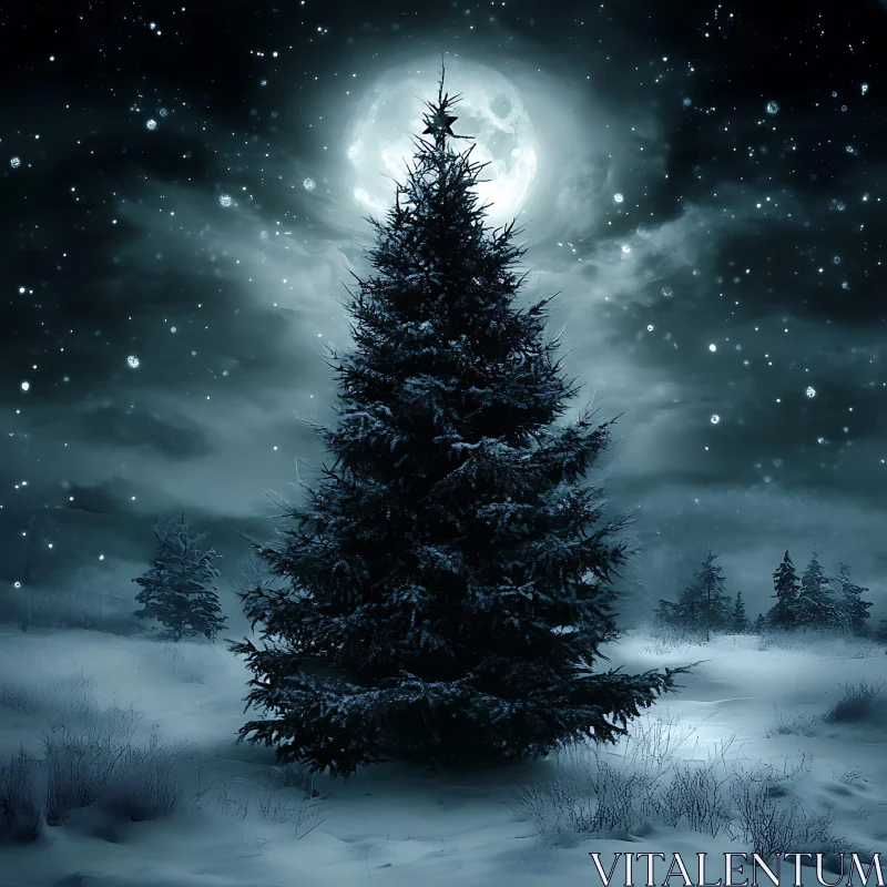 Moonlit Pine Tree in a Snowy Winter Wonderland AI Image