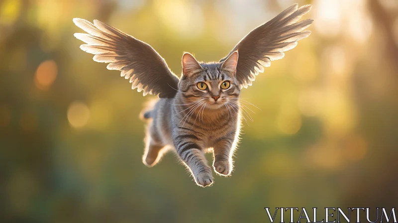 AI ART Winged Cat Soaring Through a Sunlit Forest