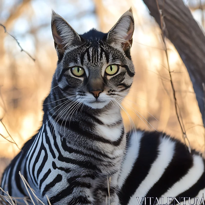 Unique Zebra-Striped Cat with Green Eyes AI Image