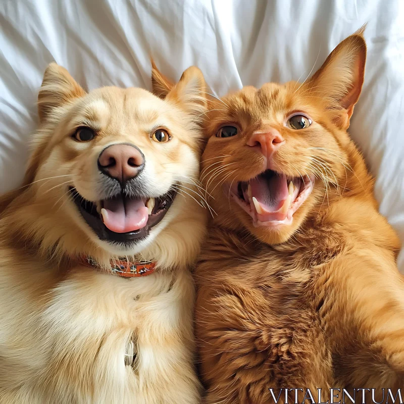 Joyful Companionship of Dog and Cat Lying Together AI Image